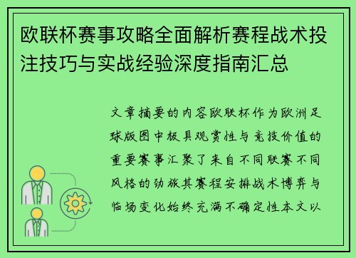 欧联杯赛事攻略全面解析赛程战术投注技巧与实战经验深度指南汇总
